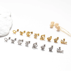 Stainless steel stud earrings set with zircon moon star butterfly designs in gold and silver