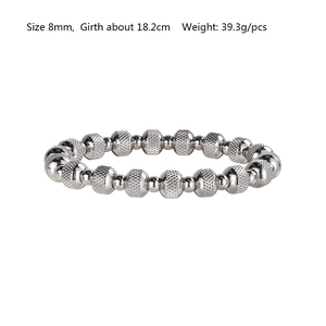 Detail view of 8mm textured stainless steel beads with size and weight specifications