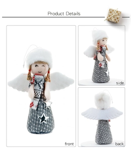 Detailed views of plush Christmas angel ornament with white wings and grey plaid dress