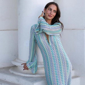 Detailed close-up of V-neck crochet dress with hollow-out knit patterns and blue mix color