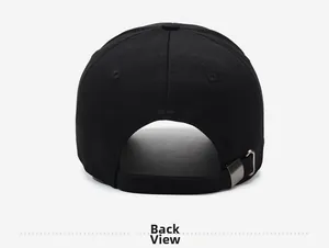 Detail view of the back of a black baseball cap with adjustable metal buckle strap