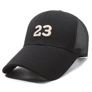 Black mesh baseball cap with 23 embroidery and extra long brim seen from 45-degree angle