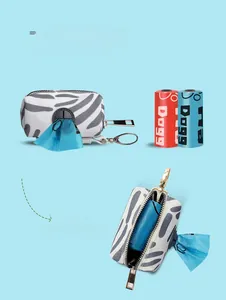 Detail of zebra pattern dog waste bag dispenser with portable hook and blue refills