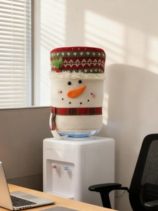 Detailed view of snowman Christmas water dispenser cover with plush nose and scarf decoration