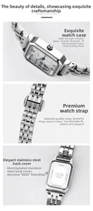Detail view of silver square watch dial, stainless steel strap and engraved back case