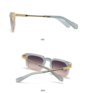 Detail view showing the side and back of square sunglasses with gold metal temples