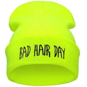 Neon green knit beanie hat with black Bad Hair Day embroidery for autumn and winter
