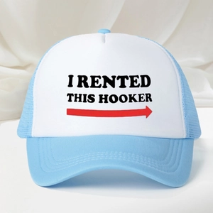 Blue and white trucker hat with I RENTED THIS HOOKER text and adjustable mesh back