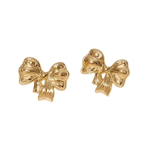 Elegant gold bow-shaped stainless steel earrings set against a clean white background