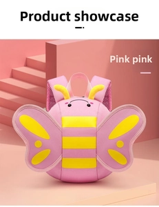 Breathable mesh shoulder straps on pink bee-shaped backpack for toddlers