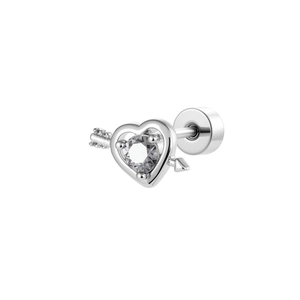 Silver arrow through heart stud earring with clear zircon inlay on white background
