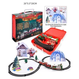 Christmas electric train set with tracks and Santa sleigh in red storage box