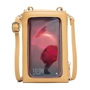 Ginger yellow PU leather crossbody phone bag with transparent touch window and gold leaf buckle