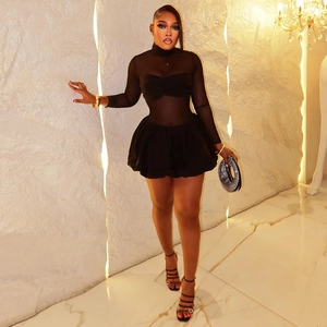 Elegant black high-neck sheer mesh long sleeve mini dress with a pleated A-line bubble skirt