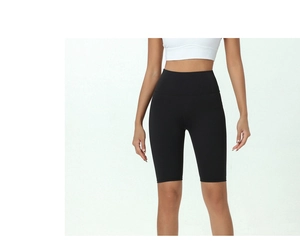 Front view of high-waist black athletic biker shorts with elastic quick-dry fabric