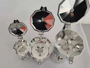 Detailed comparison of three aluminum moka pots in different sizes with open lids