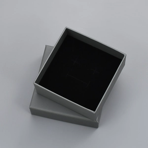 Square grey jewelry gift box with black velvet lining for necklaces and earrings