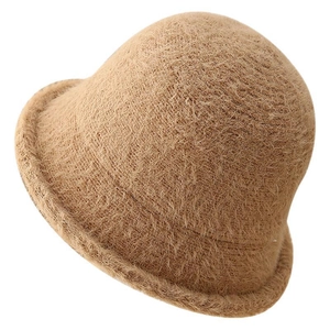 Winter camel faux fur bucket hat with soft plush texture and minimalist round top design