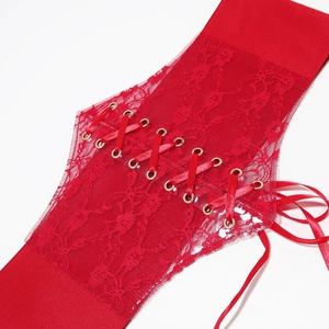 Close-up of red lace corset belt with satin ribbon lacing and gold metal eyelets