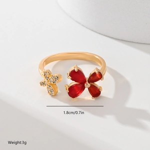 Detail of gold leaf ring with red flower and zircon, 1.8cm diameter and 3g weight info