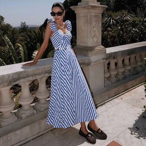 Women One-Piece Swimsuit And Maxi Skirt Blue White Striped Ruffle Strap Vacation Beachwear