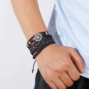 Men's black multilayer leather compass bracelet set with woven ropes and beads