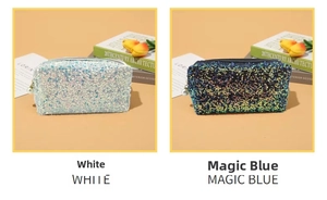 Detail of sequined makeup bags in white and magic blue with pearl zipper charms