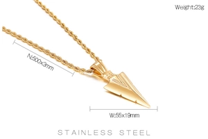 Detailed size specifications for gold stainless steel arrow pendant with rope chain