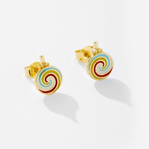 Chic S925 silver lollipop stud earrings with colorful spiral enamel and gold finish