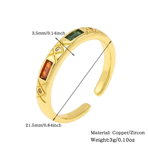 Detail view of 18K gold plated ring showing zircon inlay and dimension specifications