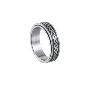 Rotating stainless steel stress relief ring with black etched floral wheat patterns
