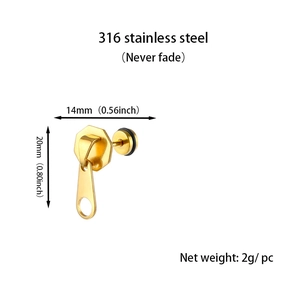 Macro view of gold zipper pull earring in 316 stainless steel showing dimensions