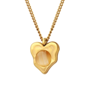 Gold-plated heart pendant necklace featuring a circular cat-eye stone on a white background