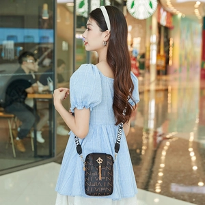 Brown monogram crossbody phone bag for women with wide printed strap and crown decor
