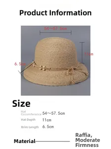 Size specifications for Raffia straw hat showing brim depth and head circumference