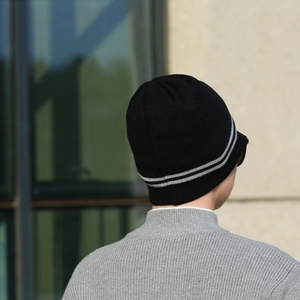 Men's winter knit beanie with brim and grey stripes, windproof ear protection design