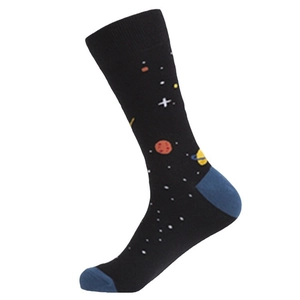 Black cotton crew socks with galaxy patterns and blue heel for men casual style