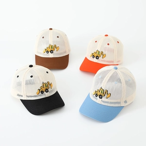 Detailed view of children's mesh baseball caps with cute cartoon excavator embroidery