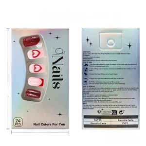 Detailed set of 24 heart-patterned press-on nails with tools and packaging components