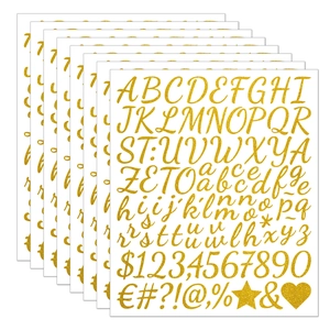 Eight sheets of 1-inch waterproof gold glitter alphabet and number stickers for DIY crafts