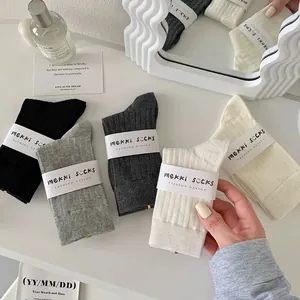 Combed Cotton Mid Calf Crew Socks Ribbed Knit Breathable Sweat Absorbent Japanese Style Solid Color Casual For Women