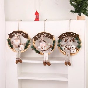 Christmas Wreath Rattan Hanging Decoration With Welcome Sign Santa Snowman Reindeer Plush Dolls Cartoon Party Home Decor