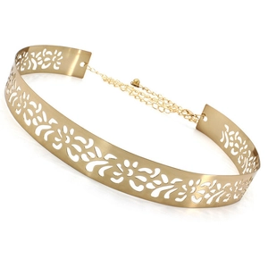 Detailed view of golden hollow floral metal belt with adjustable chain and ball charm