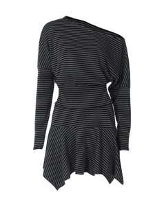 Detail of off-shoulder striped dress featuring asymmetrical hem and waist cinching