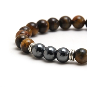 Pulsera para hombre de ojo de tigre natural y piedra de lava con separadores plateados