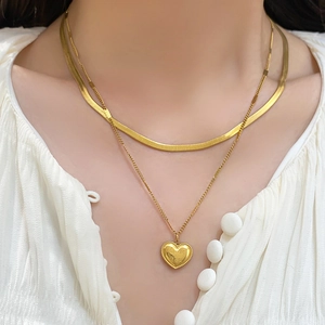 Double Layer Necklace Heart Pendant Titanium Steel 18K Gold Plated Love You Engraved Snake Chain Jewelry For Women