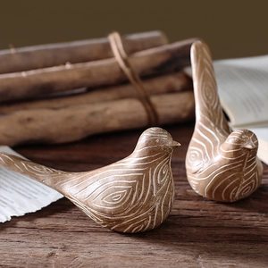 Minimalist resin bird ornaments with wood grain texture for modern home decor set of two