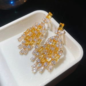 Detail of luxury square zircon tassel earrings with gold plating on a white tray