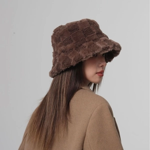 Brown checkerboard plush bucket hat for women, stylish winter faux fur warm accessory
