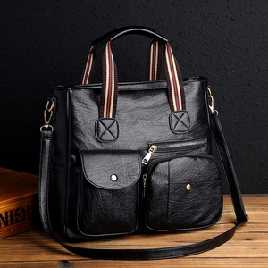Women Retro PU Leather Tote Bag Large Capacity Multi Pocket Handbag With Striped Webbing Handles And Shoulder Strap